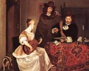 杰拉德 特 博尔奇 : A Young Woman Playing A Theorbo To Two Men